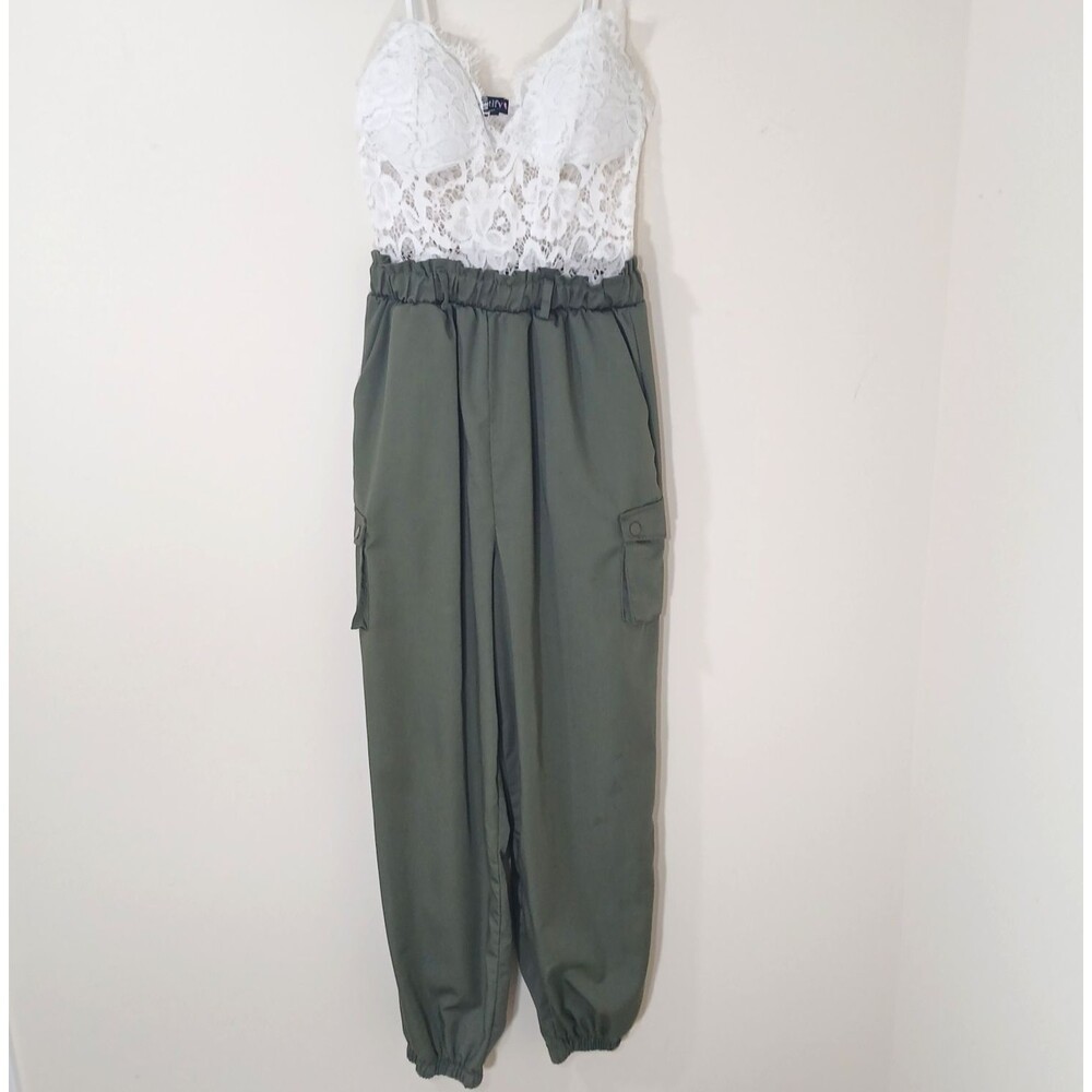 Sleeveless White Lace Top Jumpsuit With Pockets Paper Bag Waist Tall Pull-on M - Picture 3 of 5